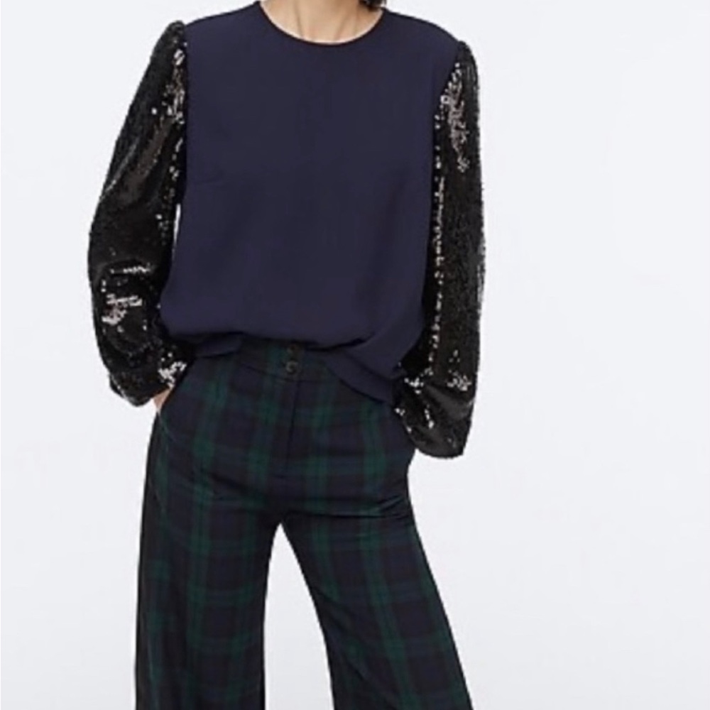 JCrew Navy blouse with sequin sleeves